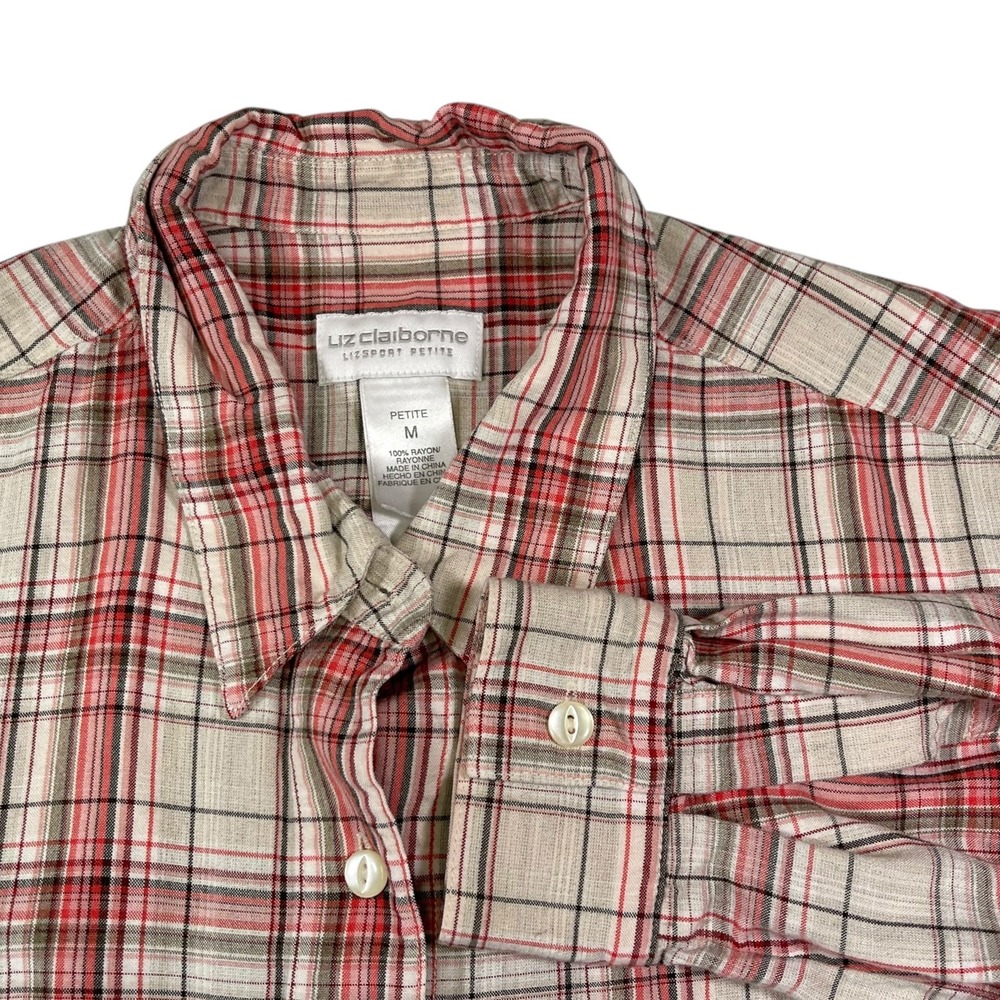 Liz Claiborne Petite M Red Plaid Button Down Shirt Rayon Long Sleeve Academia